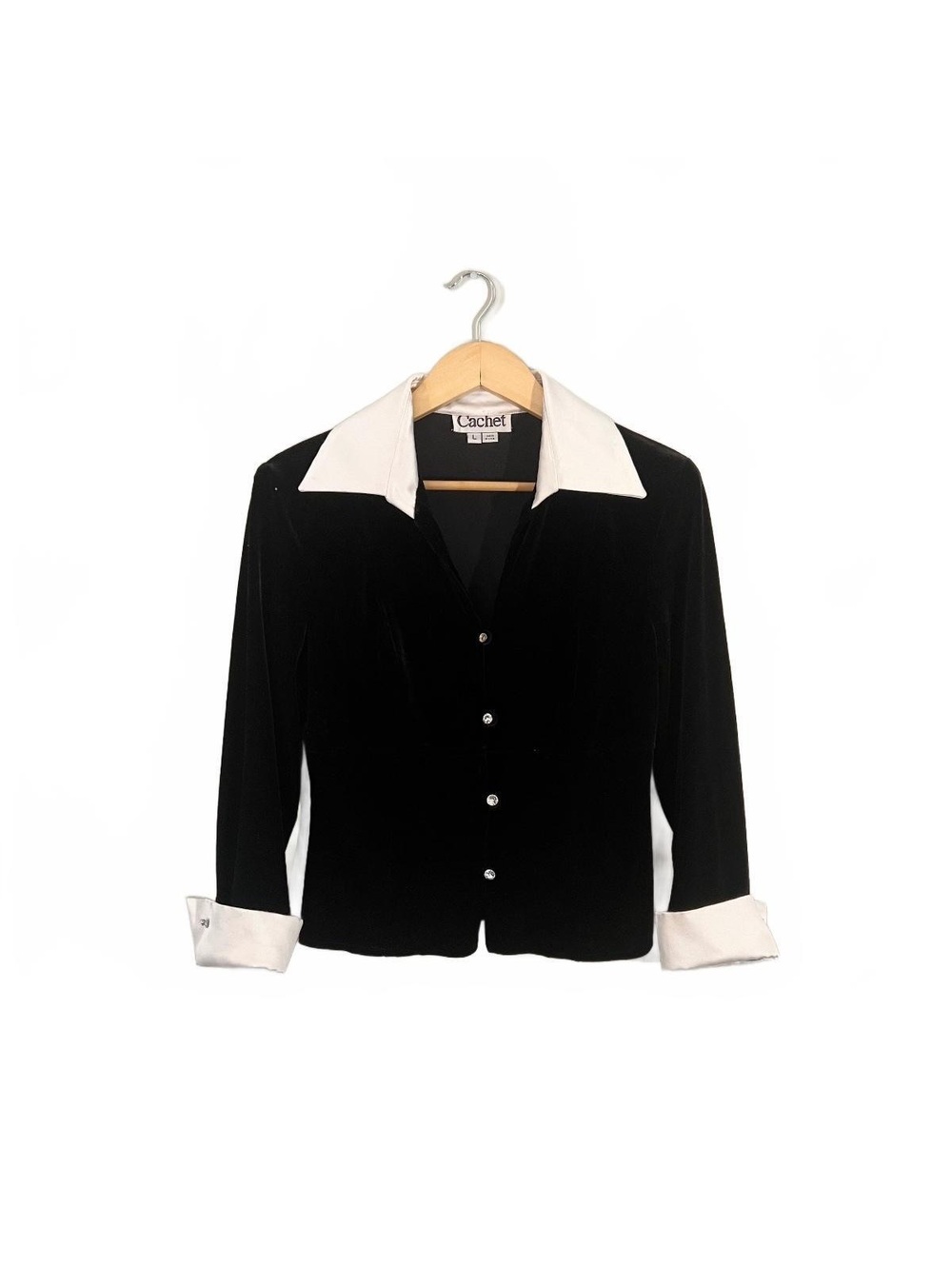 Vintage 1990’s Cachet Black Velvet Contrast Collar Rhinestone Button Blouse